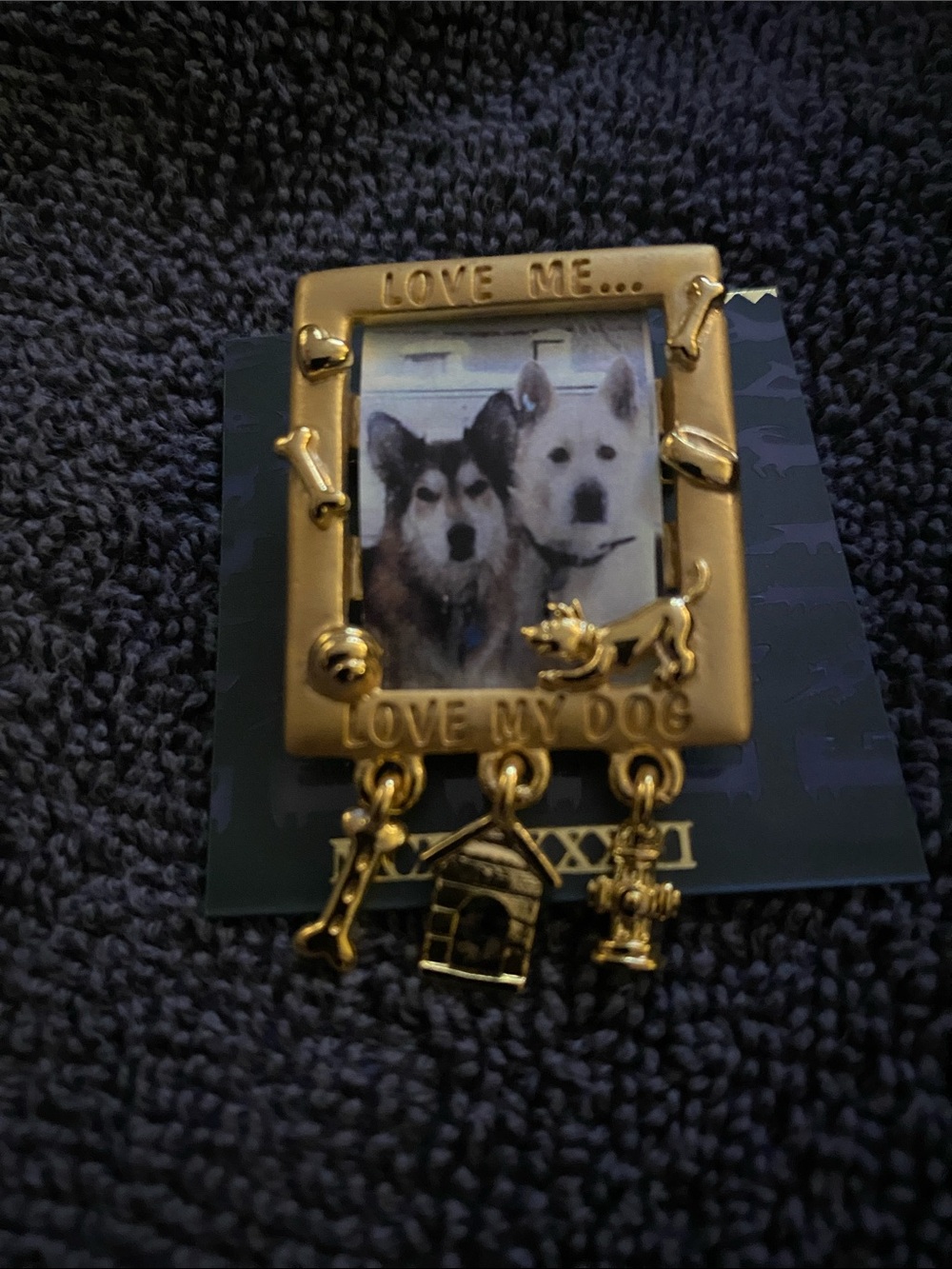 Gold-tone "Love My Dog" Photo Charm Brooch - Pet Jewelry
